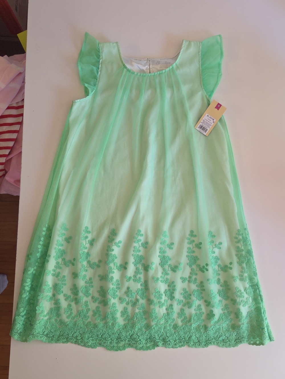 Girls' Light Green Lace Hem Party Dress